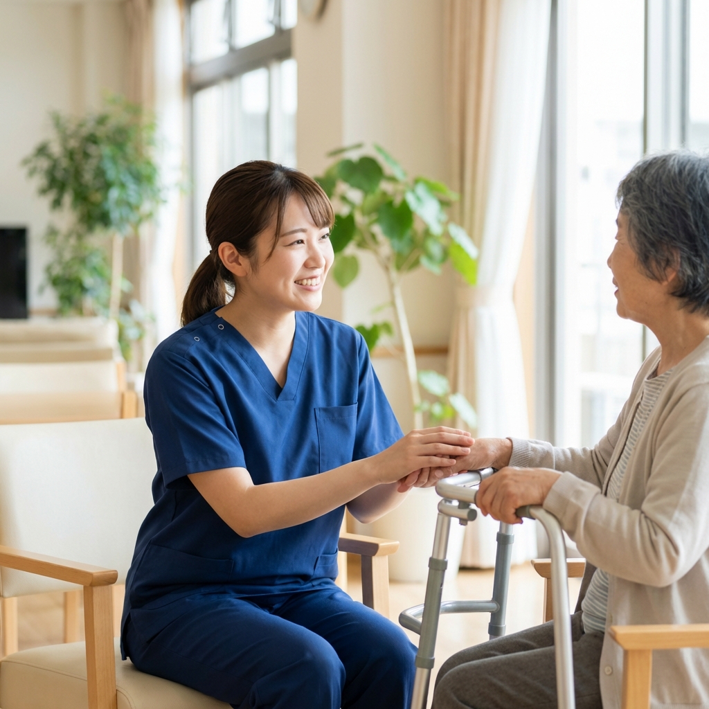 笑顔で利用者と接する若手介護士 介護現場のホワイトな職場環境 介護スタッフ求人イメージ